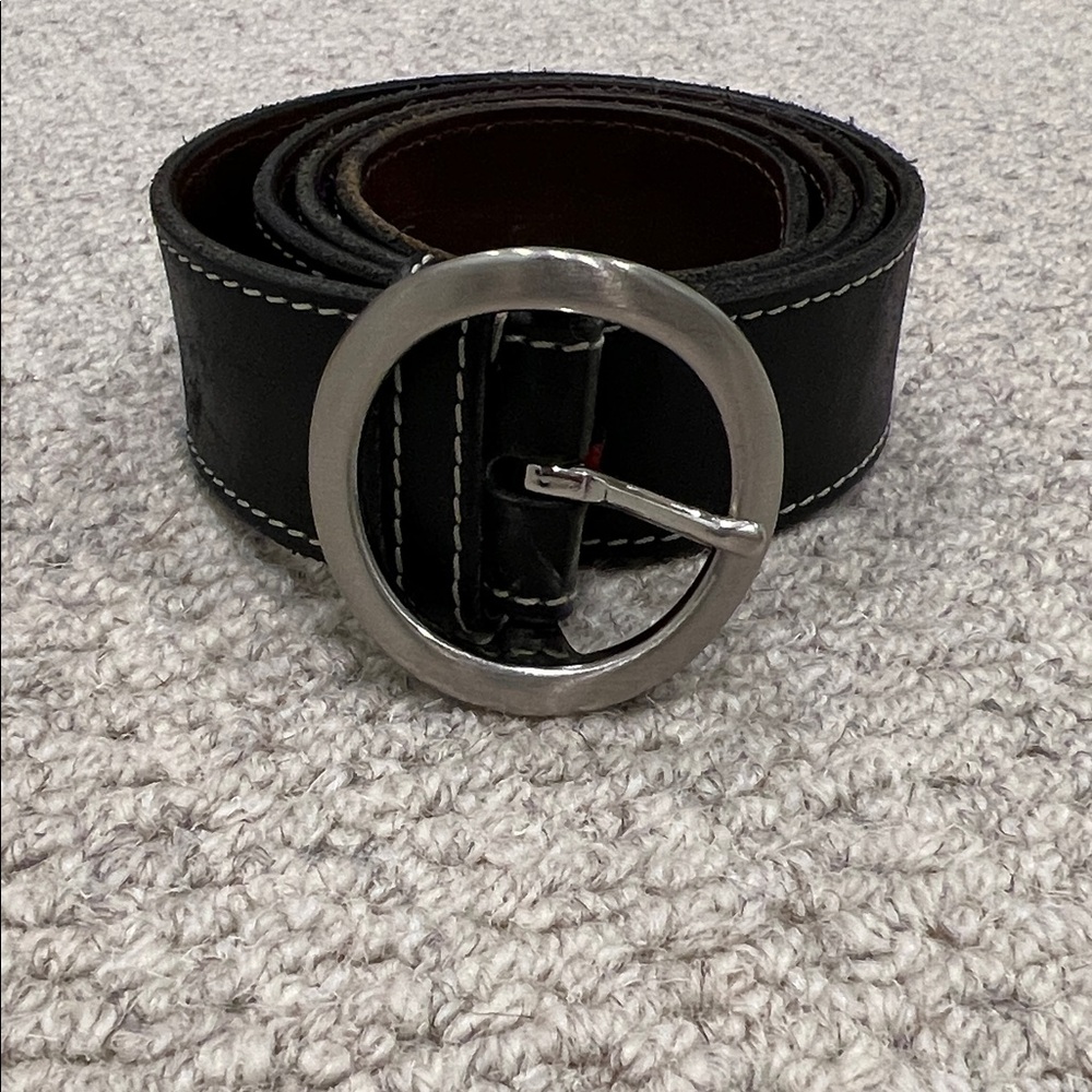 Cole Haan Black Leather Belt with Round Silver Buckle
